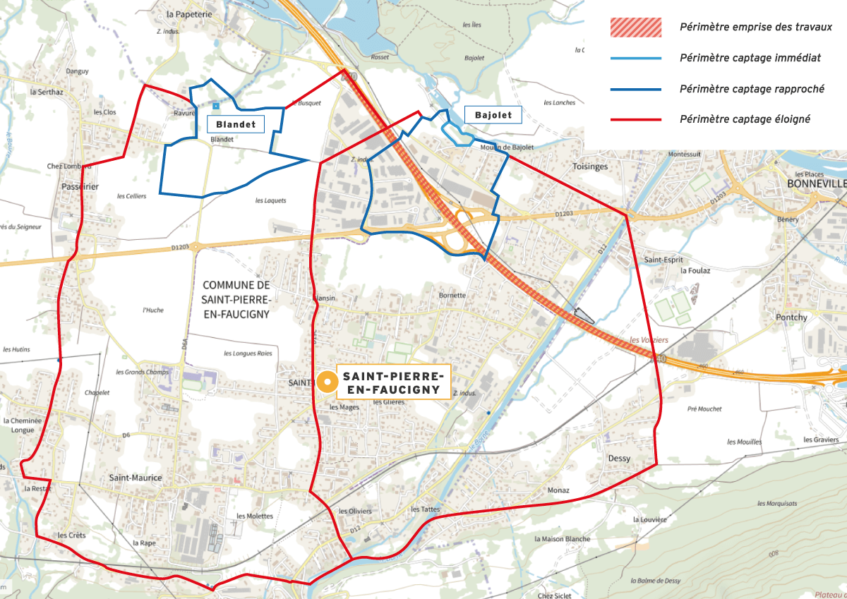 Carte relatant les différentes zones de captage de Bajolet ainsi que la zone des travaux ©ATMB